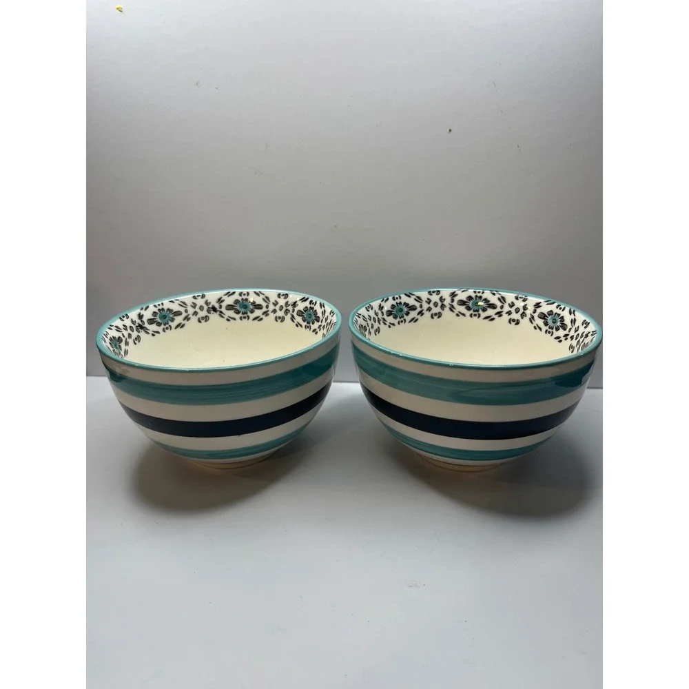 World Market Ceramic Bowls Set‎ of 2 Turquoise Navy Blue Striped Floral 5 Inch